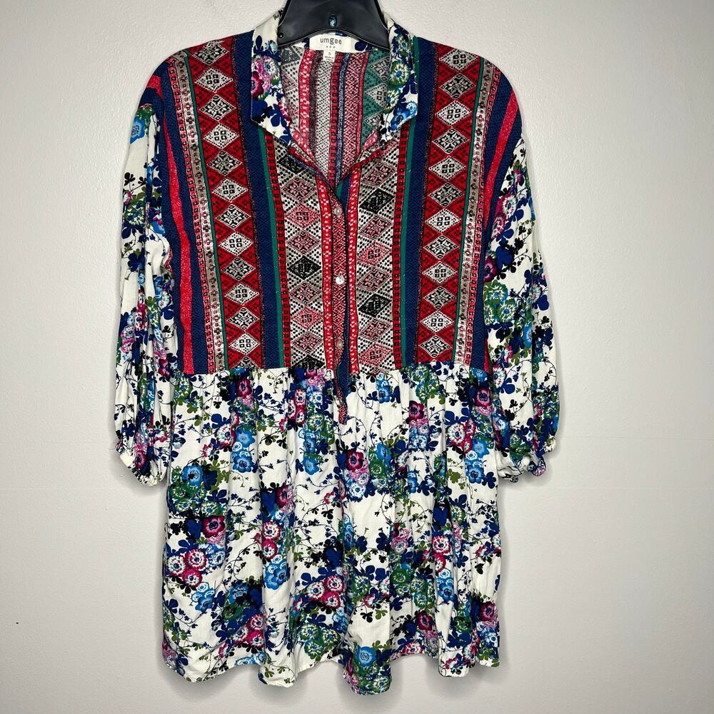 Umgee Multicolor Floral Tunic Top Size S Mixed Print 3/4 Sleeve Boho Lightweight